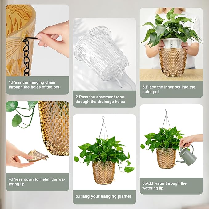 QCQHDU Self Watering Hanging Pots, 2 Pack 7.2 Inch Hanging Planters for Plants Indoor, Outdoor Flower Pots with Drainage Holes and 3 Hooks Chains for Garden Home (Gold)
