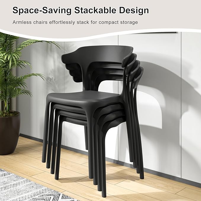 VECELO 4 Pack Plastic Stacking Chairs, Stackable Dining Chairs for Kitchen Restaurant Patio, Portable Indoor Outdoor Use, No Assembly Required, Black