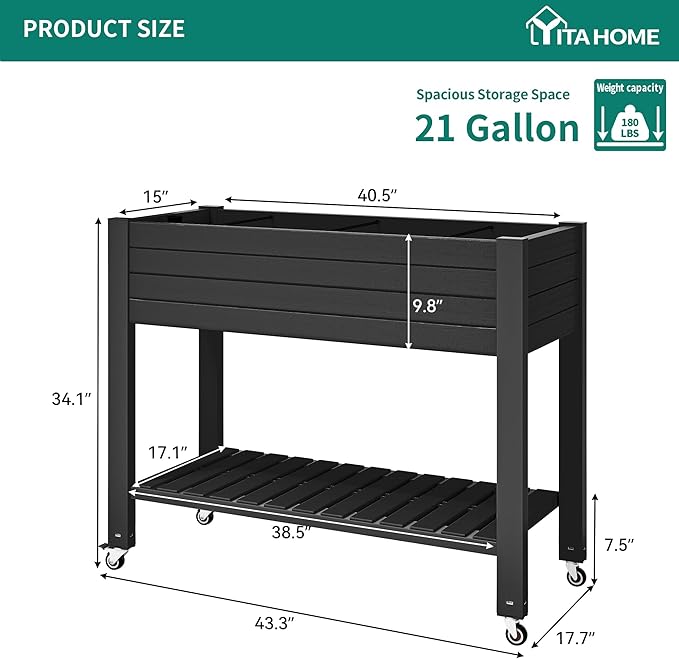 YITAHOME 43.3x17.7x34 in Elevated Garden Bed 2pcs, Outdoor Plastic Planter Box with Wheels, Legs, Drain Plug, and Storage Shelf for Plants, Vegetables, Flowers, Herbs, Black