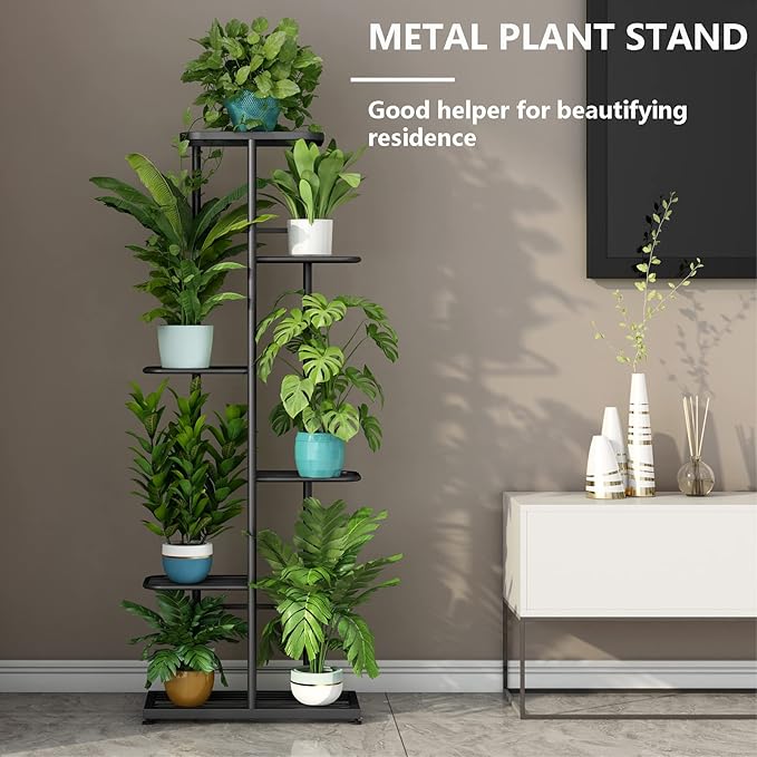LINZINAR Plant Stand Indoor Outdoor Metal 6 Tier 7 Potted Multiple Flower Pot Holder Shelf Planter Display Shelving Unit for Patio Garden Corner Balcony Living Room (6 Tier 7 Potted, Dark Grey)