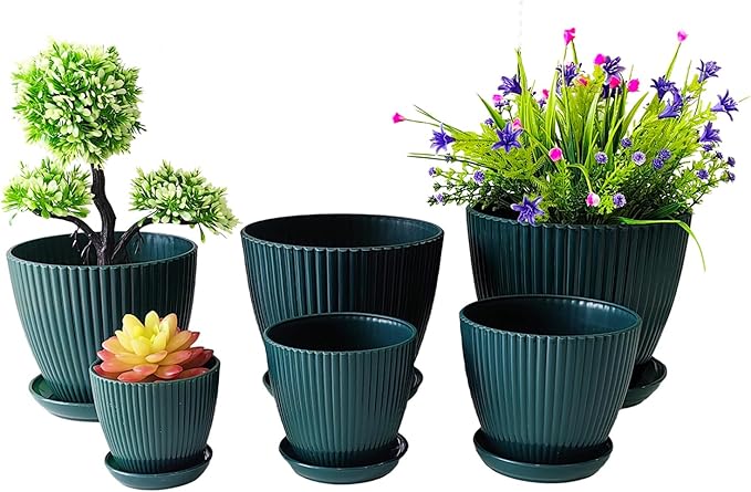 7.5/6.5/5.5/4.9/4.2/3.5 Inch Plant Pots with Saucers & Drain Holes - Indoor/Outdoor Flower Pots for Succulents, Herbs, Cactus - Modern Lightweight Durable Planter Set, Dark Green
