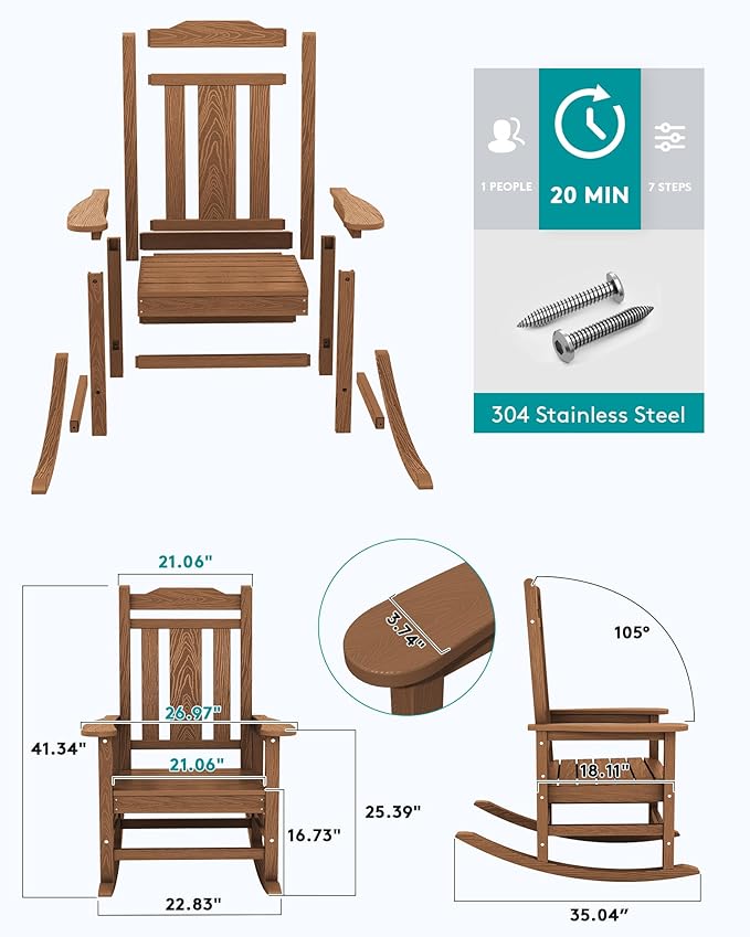SERWALL Outdoor Rocking Chair Brown Set of 8, All Weather Patio Rocking Chair, HDPE Poly Rocking Chair for Adults, Heavy Duty Front Porch Rocker