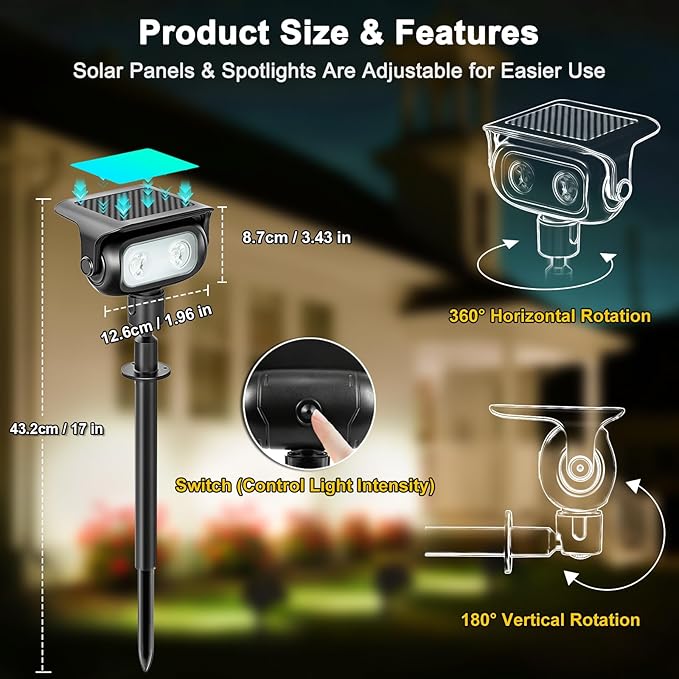 Solar Landscape Spotlights Outdoor Waterproof IP67, Warm White LED Spot Lights for Tree Flag Garden, Adjustable Solar Uplights Auto On Off with 2 Brightness Mode