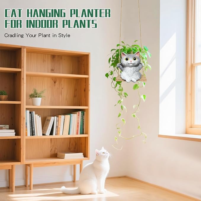 Cat Hanging Planters for Indoor Outdoor Plants, Small Cute Hanging Pots for Succulent, String of Pearls Plant, Resin Hanging Flower Pots with Drainage Hole, Unique Gift, Garden Home Decor
