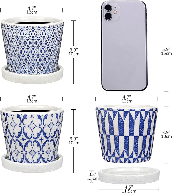 Small Ceramic Pots for Plants, 4.7 inch Blue and White Plant Pot Indoor with Drainage & Saucer Set of 3 Ceramic Planters for Indoor Plants Succulent Pot Decorative Flower Pots for Cactus, Orchid, Herb