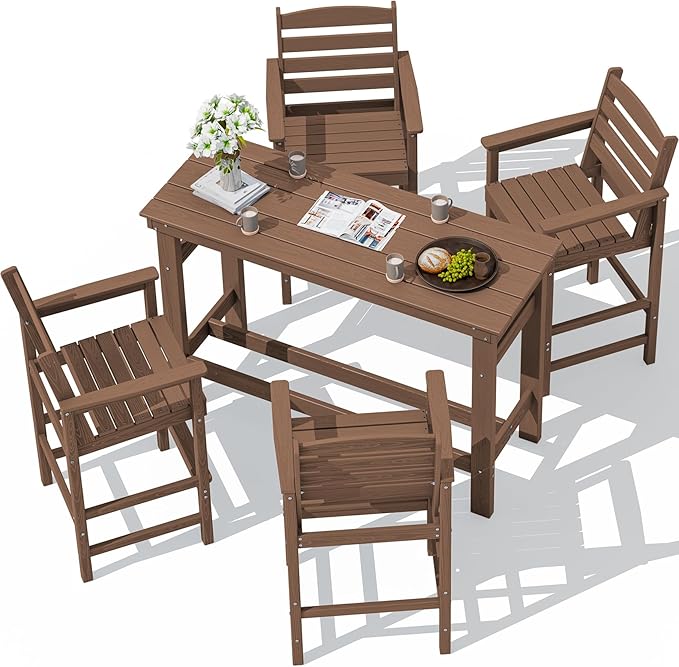 SERWALL Outdoor Bar Set - 4 Adirondack Bar Chairs & Bar Height Table with 1.6" Umbrella Hole, All-Weather HDPE Patio Furniture for Poolside, Backyard, Garden - Brown