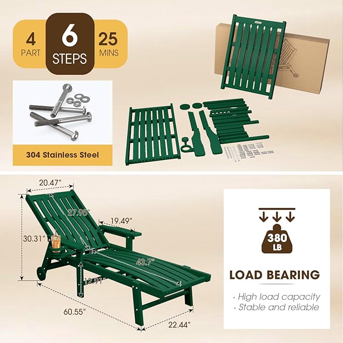 Patio Chaise Lounge Chair Set of 2, Oversized Lounge Chair Outdoor with 5 Positions, HDPE, Patio Lounge Chair with Wheels & Cup Holder for Pool, Deck, Poolside,Green