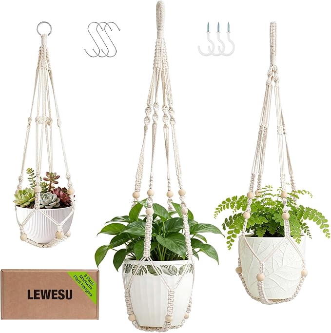 3 Pack Macrame Plant Hanger Indoor 3 Different Sizes Hanging Planter Basket Flower Pot Holder with Wood Beads & No Tassels for Boho Home Decor, 23, 30, 35 Inch, Ivory (Pot Not Included)