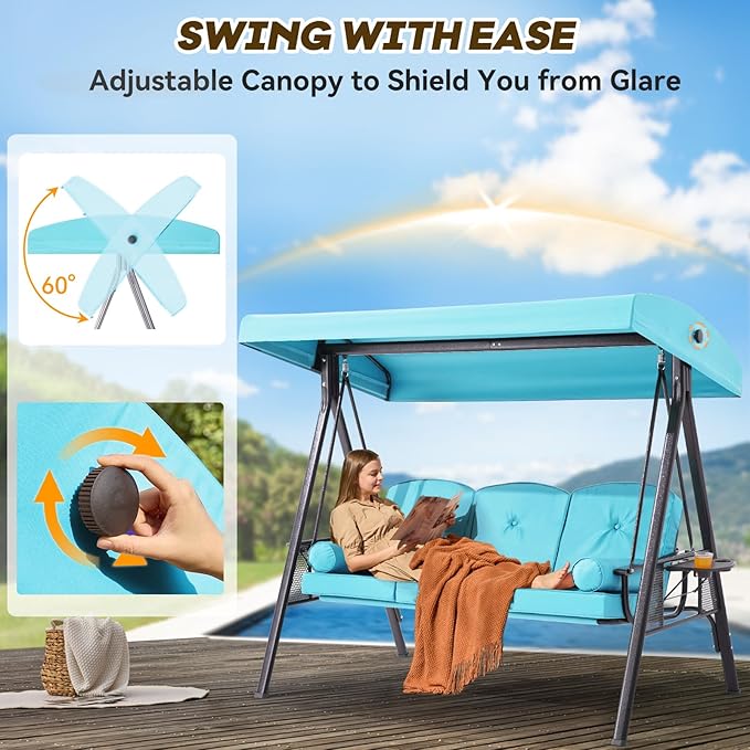 3 in 1 Outdoor Porch Swing with Adjustable Canopy, 3 Seat Outdoor Swing for Adults, Patio Swing Chair with Thickened Cushions,Pillows & Cup Holders for Backyard, Porch, Garden (Turquoise)