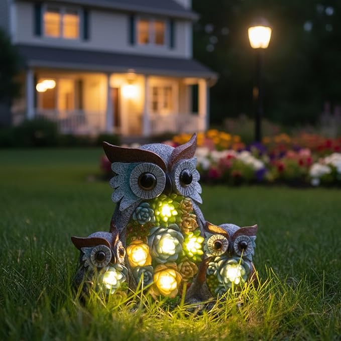 Solar Garden Statue Owl Decor – Cute Owl Family Figurines with LED Succulent Lights, Waterproof Outdoor Yard Art Ornaments for Patio, Lawn, Porch, Housewarming Gifts for Women Mom