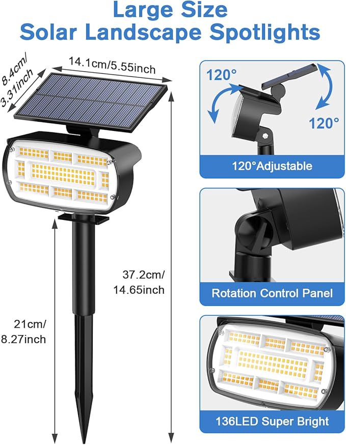 Fabrito Large Solar Spot Lights Outdoor 4 Pack, 1000 Lumens High Brightness, IP65 Waterproof Solar Spotlight with 136 LEDs, Dusk to Dawn Solar Landscape Lights for Yard, Garden, Pathway, Plants (Warm)
