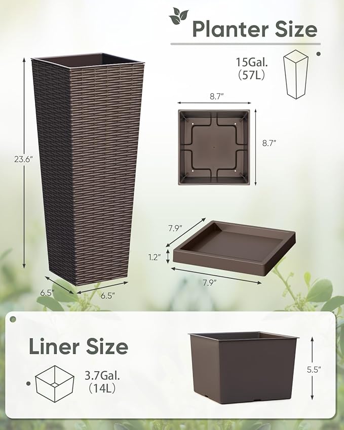 Greesum Set of 2 Tall Plastic Planters with Saucer, 24 Inch Large Pots with Drainage Trays, Weather-Resistant Plastic Plant Containers for Patio, Porch, Garden,Brown