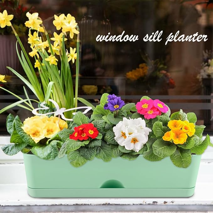 6 Pack Rectangle Planter 16x4.4 Inch Window Boxes Planters Rectangular Large Window Sill Planters Indoor Self Watering Plant Pots with Drainage Holes and Saucers Succulent Herb Flower Pots, Green
