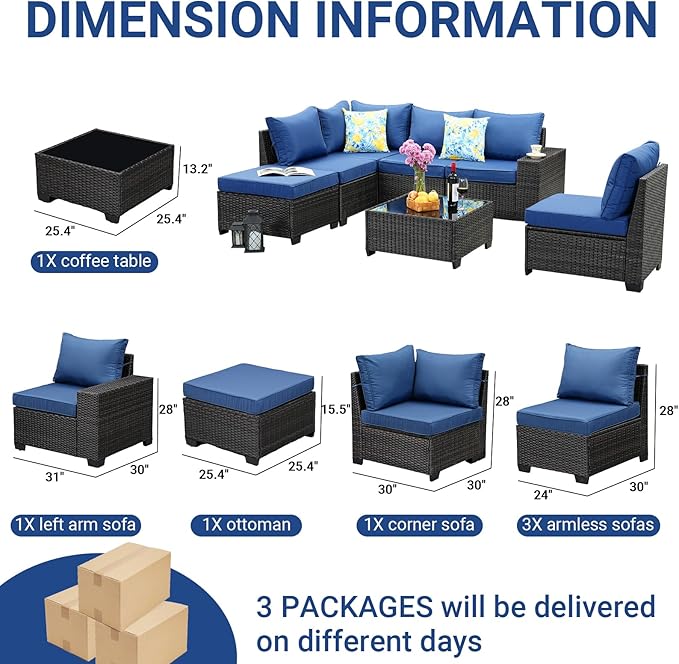 Jing's Villa 7-Piece Patio Furniture Set, All-Weather Outdoor Wicker Sectional Sofa with Cushions, Tempered Glass Table & Ottoman, Rattan Conversation Seating for Porch, Garden, Backyard,Navy