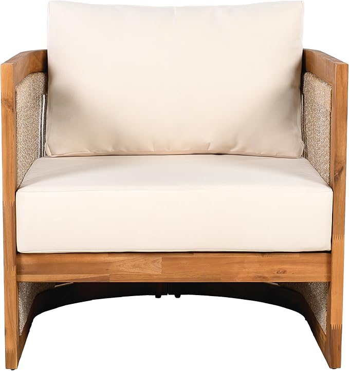Merax 4-Piece Patio Premium Acacia Wood Outdoor Furniture Set,All Weather Curved Tub Design with Woven Rope Accents Loveseat Chairs and Table for Backyard, Balcony and Deck,Teak+ Beige