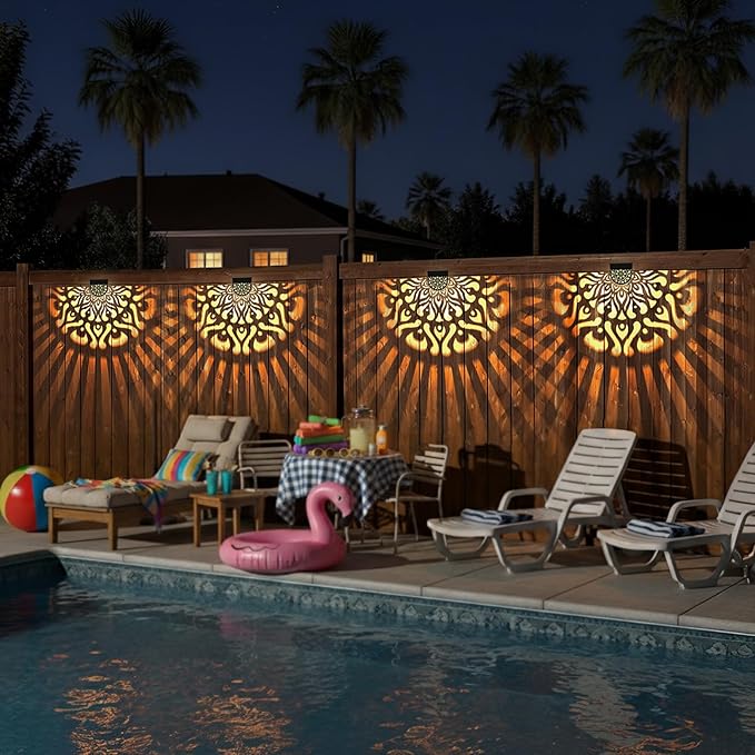 6 Pack Solar Fence Lights Outdoor Wall Lights Plastic Solar Powered Deck Step Stair Lights Mandala Theme Waterproof Fence Solar Light for Garden Post Patio Yard Decor, Gardening Gifts for Women Mom