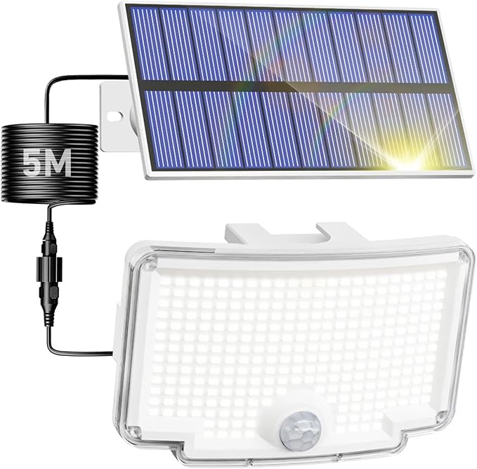 Peasur 1 Pack Solar Motion Lights Outdoor, 318 LED Solar Security Light with 3 Modes, IP65 Waterproof Powered Flood Lights for Outside Patio Garage Yard, (Cool Light,White Frame)