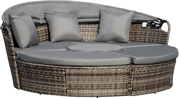 Outsunny 4-Piece Round Convertible Daybed with Cushions, Outdoor PE Rattan Patio Wicker Sofa Set, Sunbed with Adjustable Sun Canopy, Sectional Sofa, 2 Chairs, Table, 3 Pillows, Gray