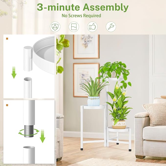 iDavosic.ly Plant Stand Indoor Outdoor, 3 Tier Corner Metal Flower Display Holder Shelf, Easy Assembly Folding Tall Orchid Rack for Patio Balcony Porch Garden Living Room House, White