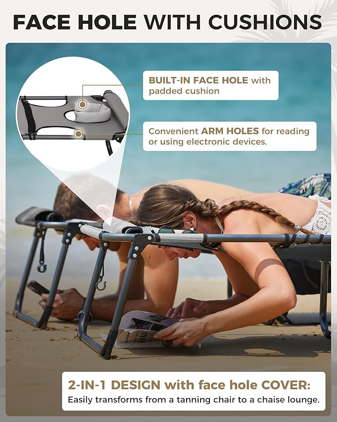 KingCamp Tanning Chair with Face Hole, Lounge Chairs Outdoor Folding Comfy Adjustable 5-Position Lay Flat Foldable Chaise Chaser Lounger for Outside Beach Patio Sun Bathing Pool, Grey