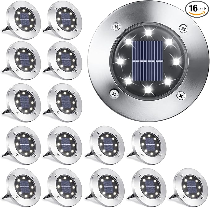 LYHOPE Solar Ground Lights Outdoor, 16 Pack 8 LED Solar Disk Lights Waterproof Garden In-ground Pathway Light Landscape Lighting for Lawn,Yard,Deck,Patio,Walkway (White)