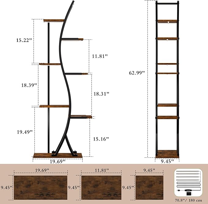 62“ Plant Stand Indoor with Grow Lights - 7 Tiered Tall Metal Plant Shelf - Corner Wooden Plant Stand for Indoor Plants Multiple, Large S-Shape Flower Rack Holder for Living Room, Garden, Patio Decor