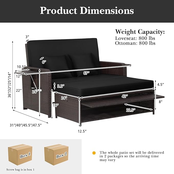 Tangkula Patio Rattan Daybed with 4-Level Adjustable Backrest, Outdoor PE Wicker Loveseat with Storage Ottoman & Folding Side Tray, Double Sunbed Lounger for Balcony, Backyard & Poolside, Black