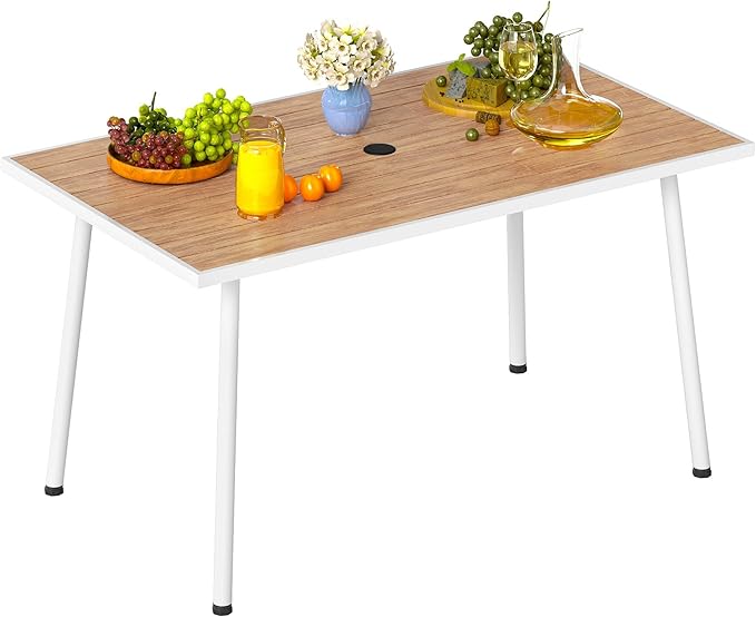 DWVO Patio Table Rectangle 59"x34.2", Patio Dining Table for 6 Weather-Resistant Outdoor Table with Umbrella Hole, Steel Frame, Adjustable Feet for Outdoor/Indoor