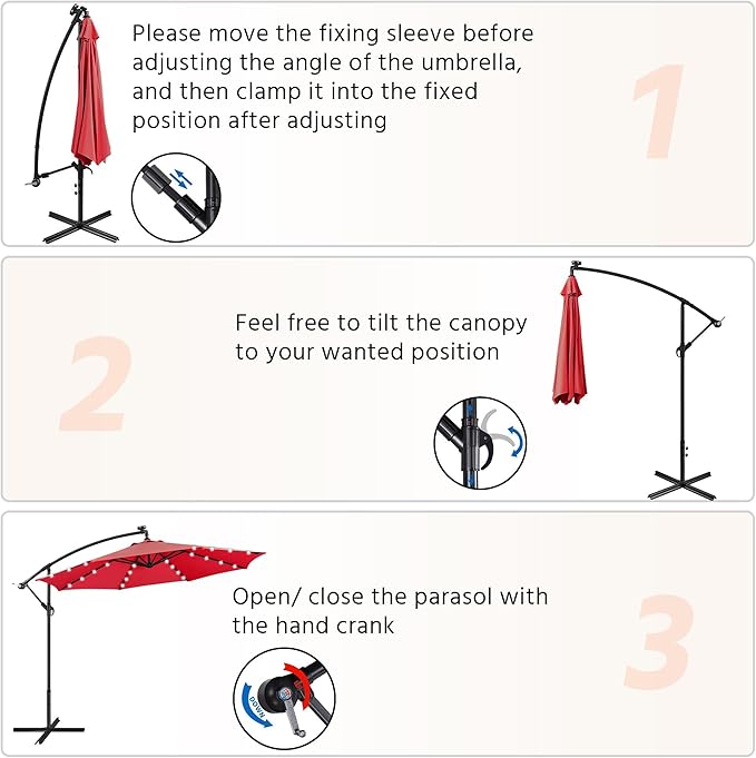 Yaheetech 10FT Solar Offset Umbrella with 32 LED Lights Cantilever Hanging Outdoor Umbrellas Handy Crank & Cross Base for Lawn/Deck/Backyard/Pool Red