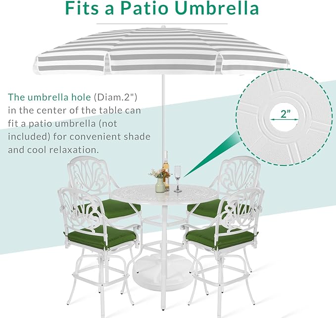 VIVIJASON 5-Piece Patio Swivel Bar Stools Set, All Weather Cast Aluminum Outdoor Bar Height Bistro Set with 4 Cushioned Bar Chairs & 38.5" High Bar Table w/Umbrella Hole for Backyard, Lawn, White