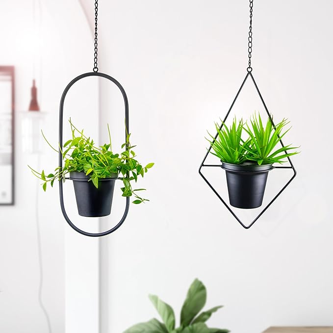 Modern Hanging Planters for Indoor Plants, Metal Plant Hanger with 5 inch Flower Pot, Set of 2 Black Plant Holder in Diamond and Oval Shape, Small Wall and Ceiling Hanging Pot for Outdoor Plants