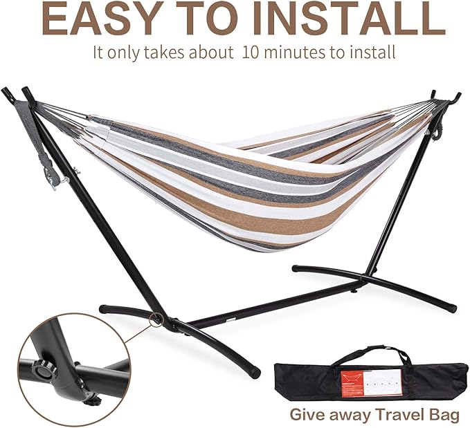 PNAEUT Double Hammocks with Stand for Outside, Portable Space Saving Heavy-Duty Steel Frame for Indoor Outdoor Patio Yard, Easy Assembly, 2 Person 450 lbs Capacity (Coffee)