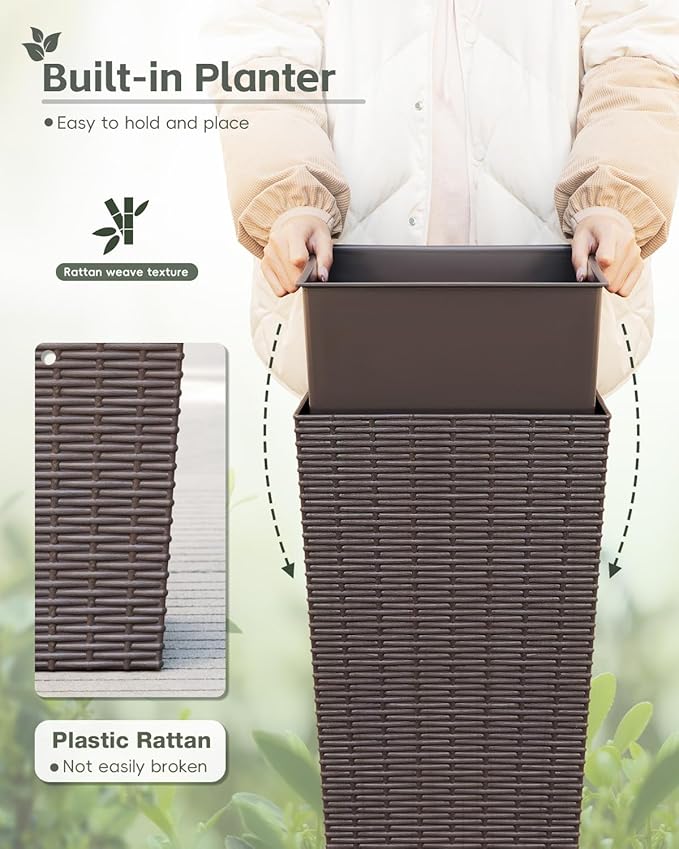 Greesum 32 Inch Tall Plastic Planters(Set of 2), Detachable Inner Pot & Drainage Holes, Outdoor Decorative Flower Pots for Large Plants, Trees, Patio, and Garden, Brown