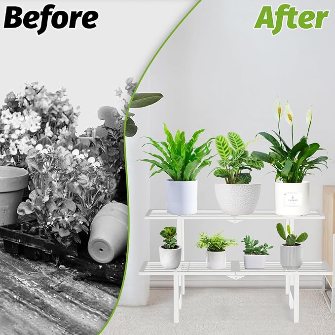 2 Tier Metal Plant Stand Outdoor Indoor, Separated Tiered Outdoor Folding Plant Shelf, Ladder Plant Stands Display Rack for Garden Window, 8.3/15.4'' Tall (White)