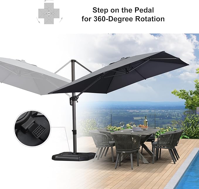 PURPLE LEAF 9'×11.5' Cantilever Patio Umbrella with Base Rectangle Offset Outdoor Umbrella Cover with Zipper for Garden Deck Pool Grey