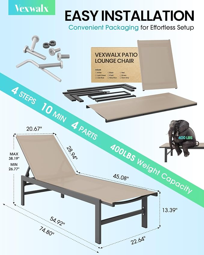 Outdoor Lounge Chairs Set of 2, Aluminum Patio Chaise Lounge Chairs with 5-Position Recliner, Pool Lounge Chairs for Backyard, Poolside, Deck, Lawn (Khaki)