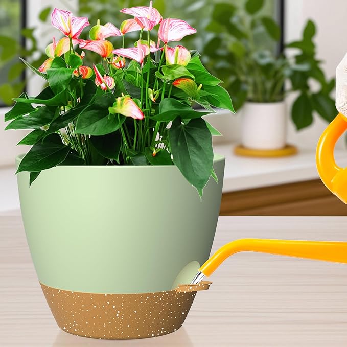 12 Inch Large Self Watering Pots, Flower Pots with Multi-Mesh Drainage Holes and Saucer, Planters for Indoor and Outdoor Garden Plants (Green with Brown)