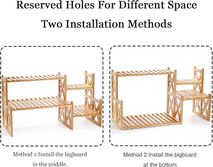 Lawei 2 Tier Bamboo Tabletop Plant Stand, Adjustable Flower Pot Holder Shelf Planter Display Stand, Small Desktop Ladder Plant Rack for Indoor Outdoor Home Patio Lawn Garden Balcony Organizer