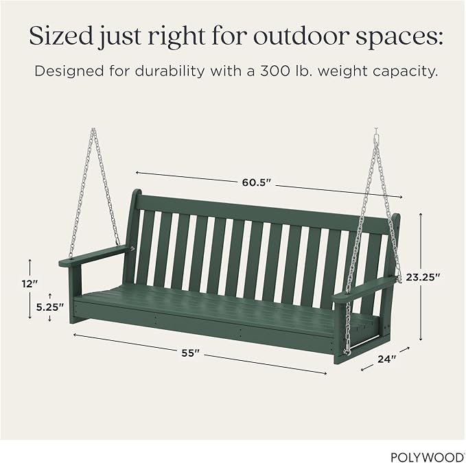 POLYWOOD Vineyard 5-Foot Porch Swing, Heavy Duty HDPE Outdoor Hanging Bench, Patio Swing for Adults Kids, Deck Garden Furniture, Green