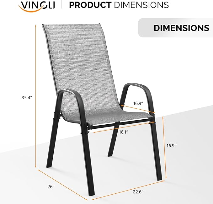 VINGLI Set of 2 Stackable Outdoor Bar Stools – Sling Chairs with High Back & Armrests, for Lawn, Garden, Bar, Grey