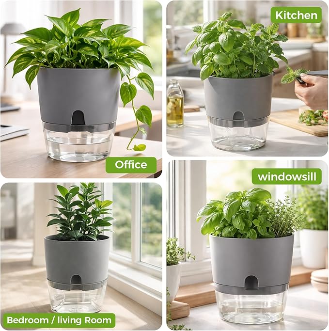 Planterhoma 5 Pack Self Watering Pots for Indoor Plants, 9 Inch Plant Pot Plastic Self Watering Planter for Orchid, Monstera, Lily, Large Clear Flower Pots with Drainage Holes and Wicking Rope, Gray