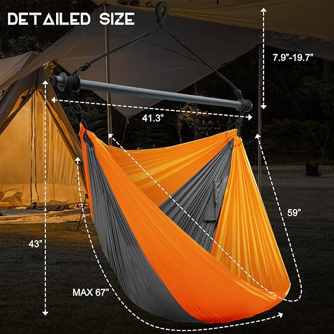 Hammock Chair, Portable Large Hanging Rope Swing, Lightweight Nylon Parachute, Max 500 Lbs, Detachable Metal Support Bar Hammock Chair Swing for Outdoor, Indoor, Bedroom (Orange, Dark Gray)