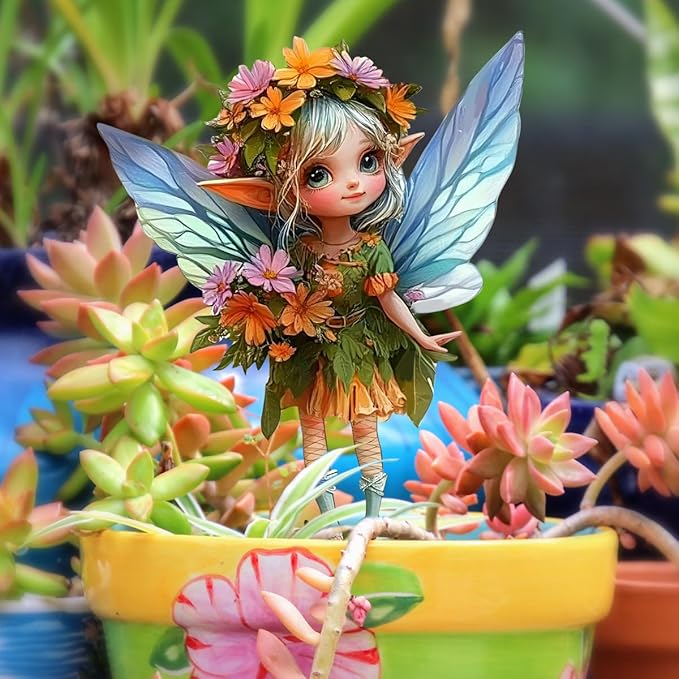 Fairy Garden Stake Decor, Acrylic 2D Garden Fairy Decoration, Fairy Garden Accessories for Outdoor Indoor Yard Lawn Pot Plants (Floral Girl)