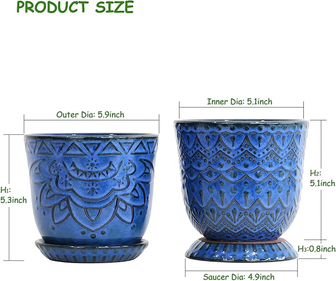 Gepege 6 Inch Blue Ceramic Planter, Plant Pot with Drainage Holes and Saucers for Indoor Plants, Birthday for Women Mom