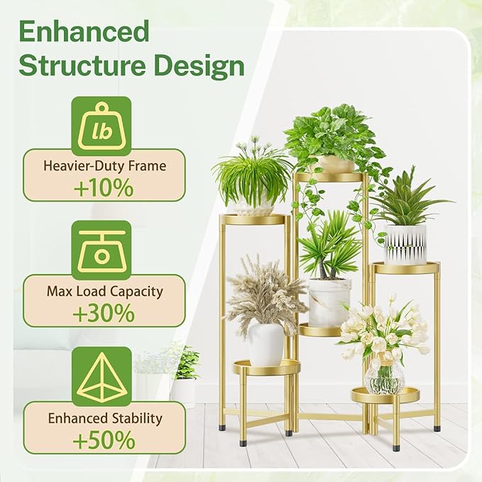 iDavosic.ly Plant Stand Indoor Outdoor, 6 Tier Corner Metal Flower Display Holder Shelf, Easy Assembly Folding Tall Orchid Rack for Patio Balcony Porch Garden Living Room House, Gold