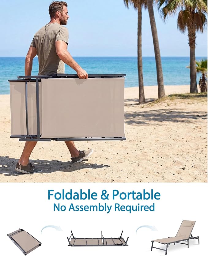 Foldable Chaise Lounge Chair with Cup Holder, Assemble-Free Outdoor Lounge Chair with Detachable Pillow and 6 Adjustable Backrest, Patio Lounge Chair for Outside Poolside Beach Pool, Khaki
