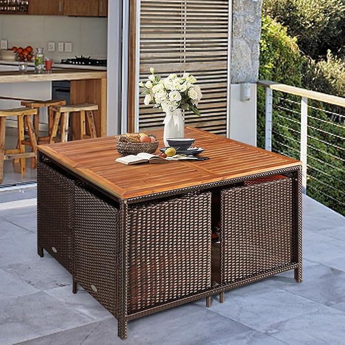 Tangkula 9 Pieces Patio Acacia Wood Table and Chairs Set with Umbrella Hole, Outdoor Space Saving Outdoor Dining Set,for Garden,Yard,Poolside