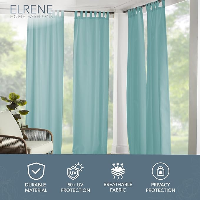 Elrene Home Fashions Matine Weatherproof Tab-Top Indoor/Outdoor Solid Color Curtain Panel for Porch, Pergola, Patio, Deck, 52”W x 108”L, Mineral