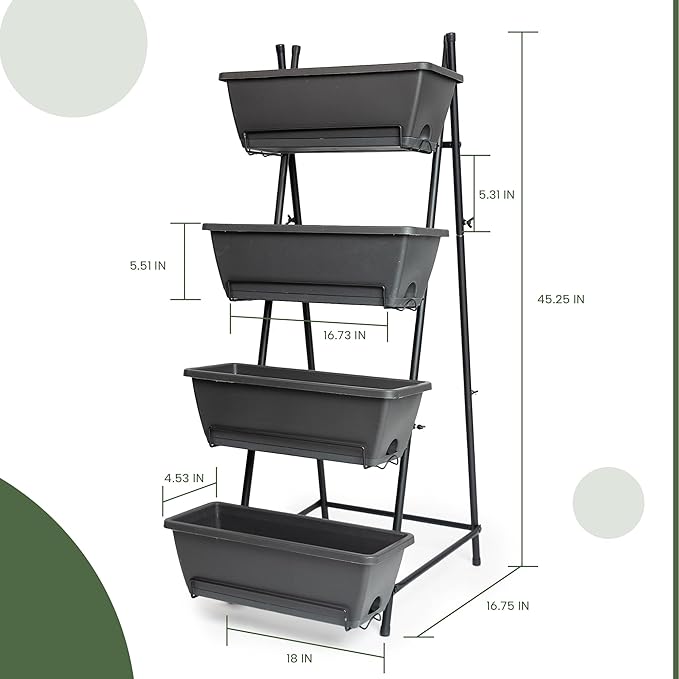 GENMOUS 4 Tier Raised Garden Bed Tall 45'' Vertical Elevated Garden Planter Standing Garden Bed Planter Box with Drainage Holes Removable Tray Outdoor Herb Planter Stand on Patio Balcony Porch Black