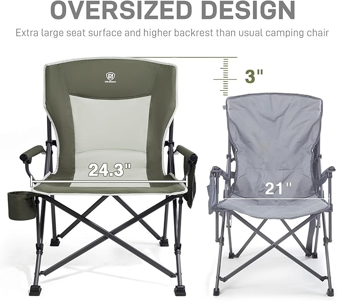 EVER ADVANCED Oversized Folding Camping Chair, for Adults Heavy Duty Lawn Chair with Side Pockets, Portable Collapsible Quad Chair for Outside, Support Up to 500lbs, Green 2Pack